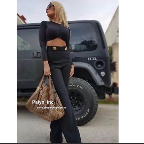 Zara high waisted gold button black flare wide leg pants - Picture 5 of 6